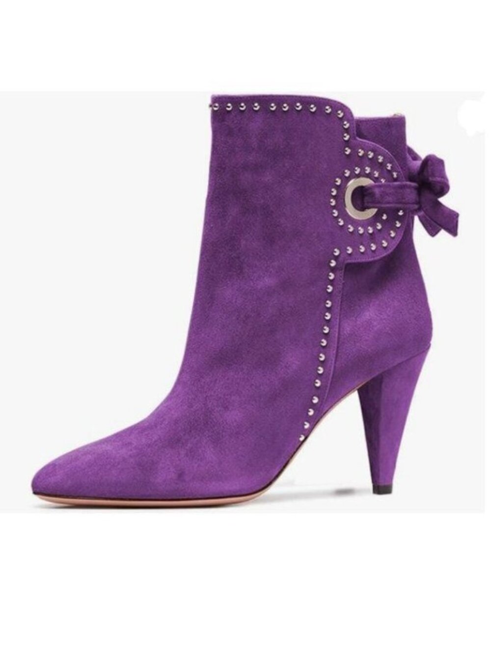 XYD Purple Studded Pull On Ankle Boots Pointy Toe High Cone Heel Self-tie Bootie